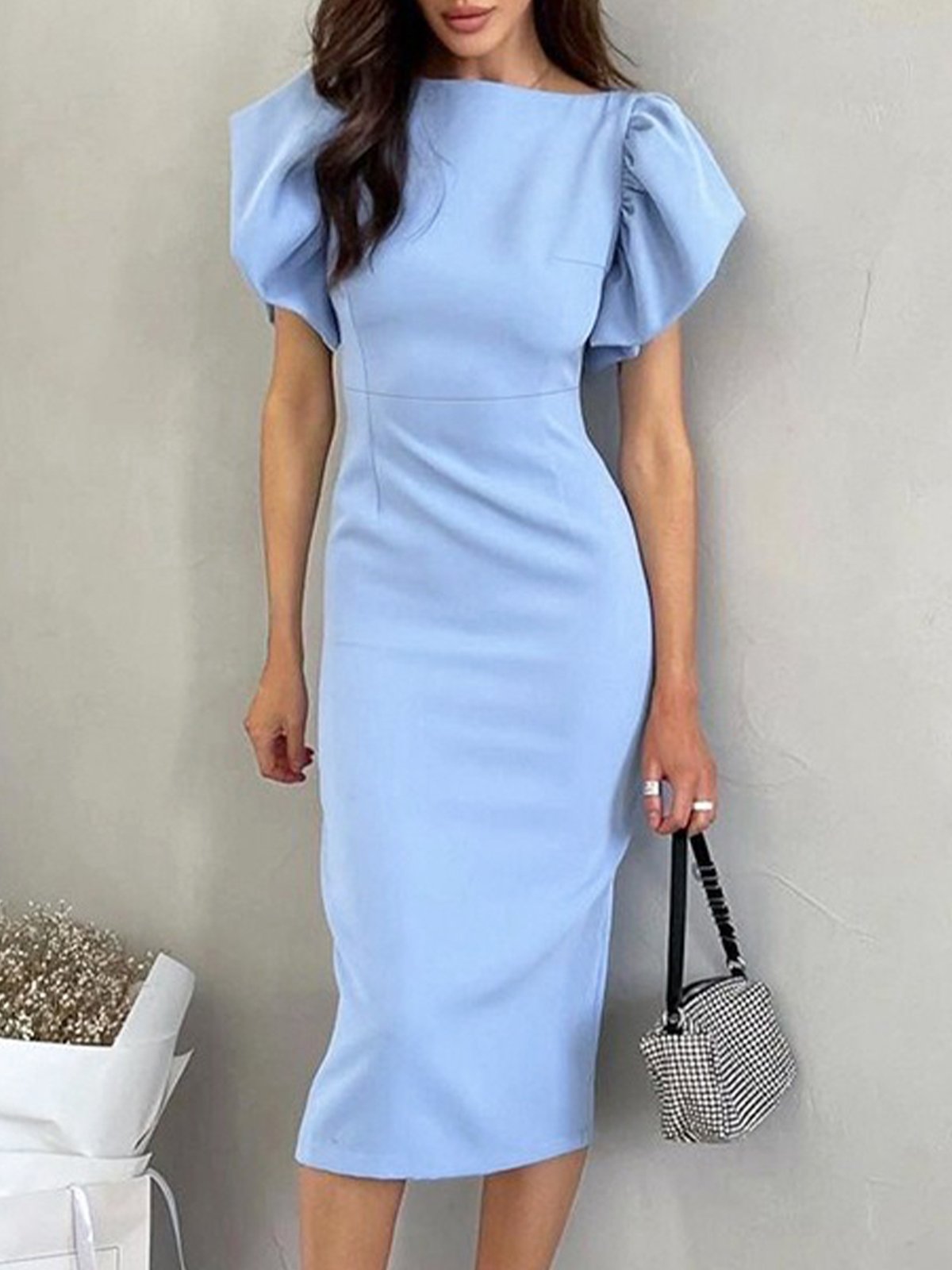 Elegant Unifarben Rundhals Regelmäßige Passform Kleid
