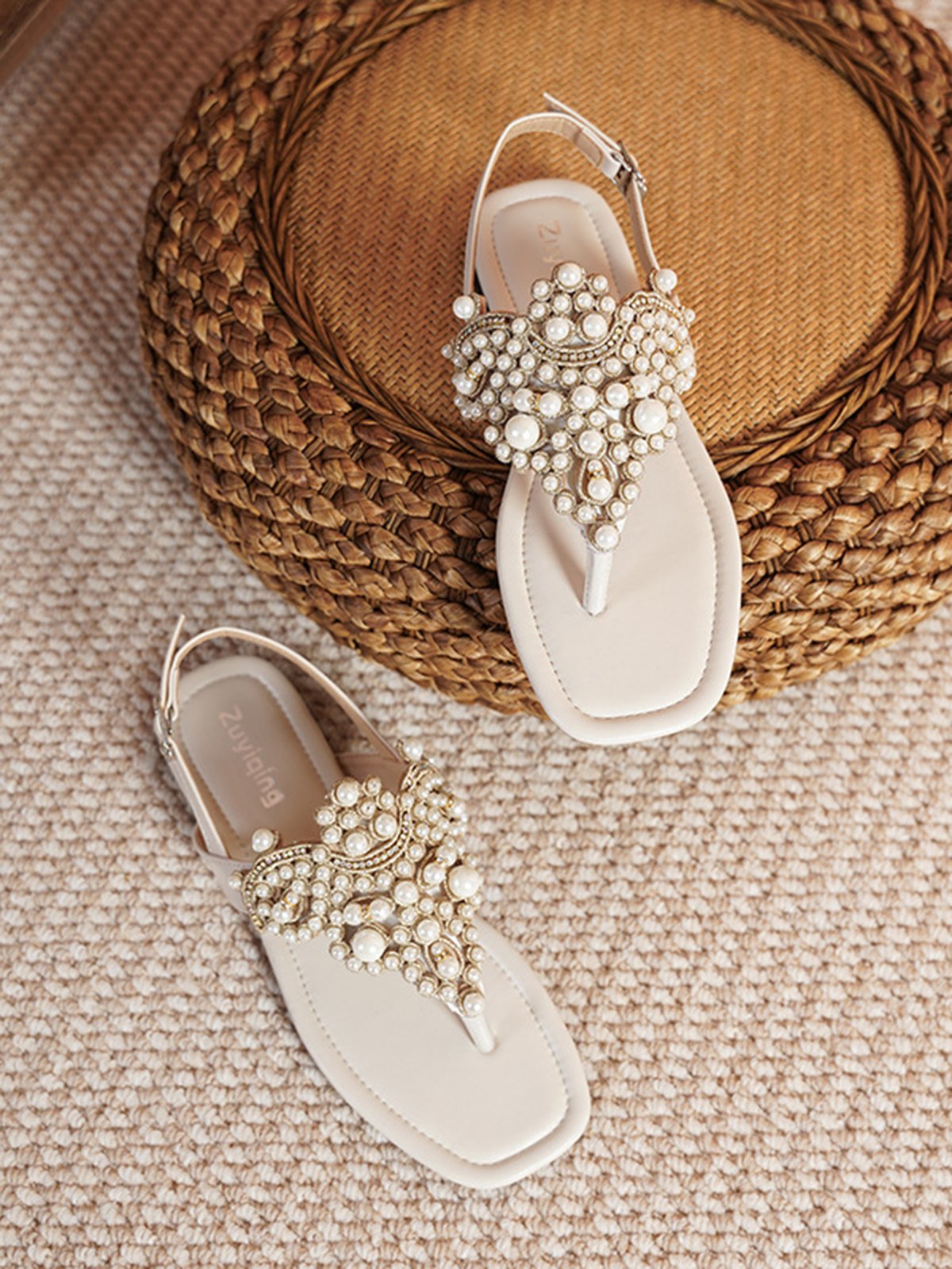 Elegant Nachgemachte Perle Verstellbare Schnalle Zehentrenner-Sandalen