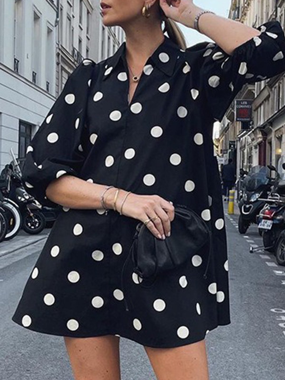 Weit Urban Halbarm Polka Dots Hemdkragen Kleid