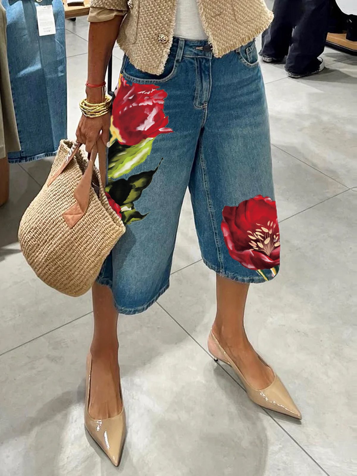 Lässig Geblümt Denim Shorts