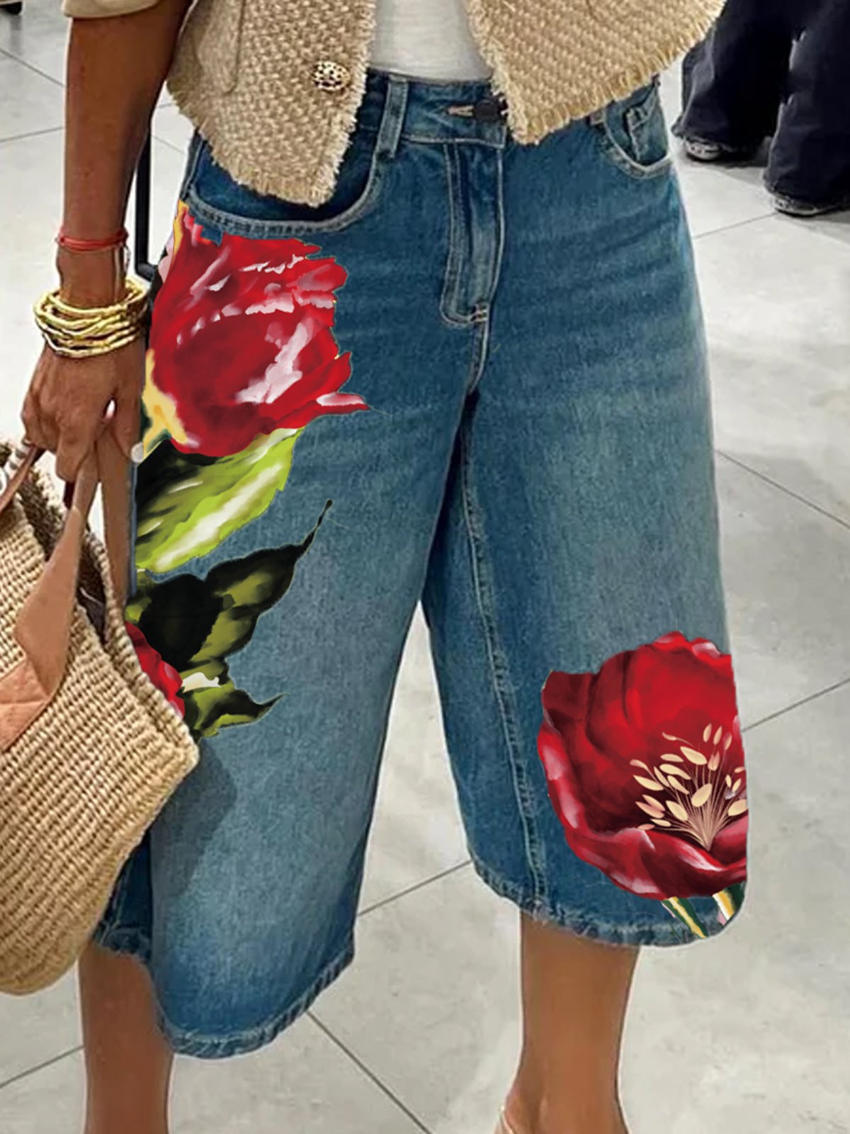Lässig Geblümt Denim Shorts