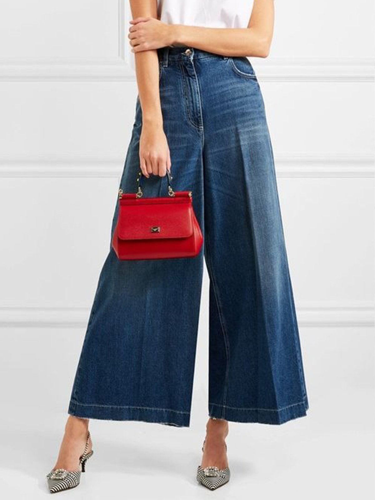 Denim Hohe Taille  Lässig Taschen Weitem Bein Jeans