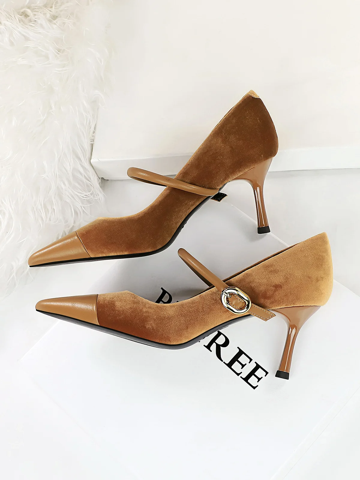 Elegant Samt Paneeliert Verstellbare Schnalle Mary Jane Pumps