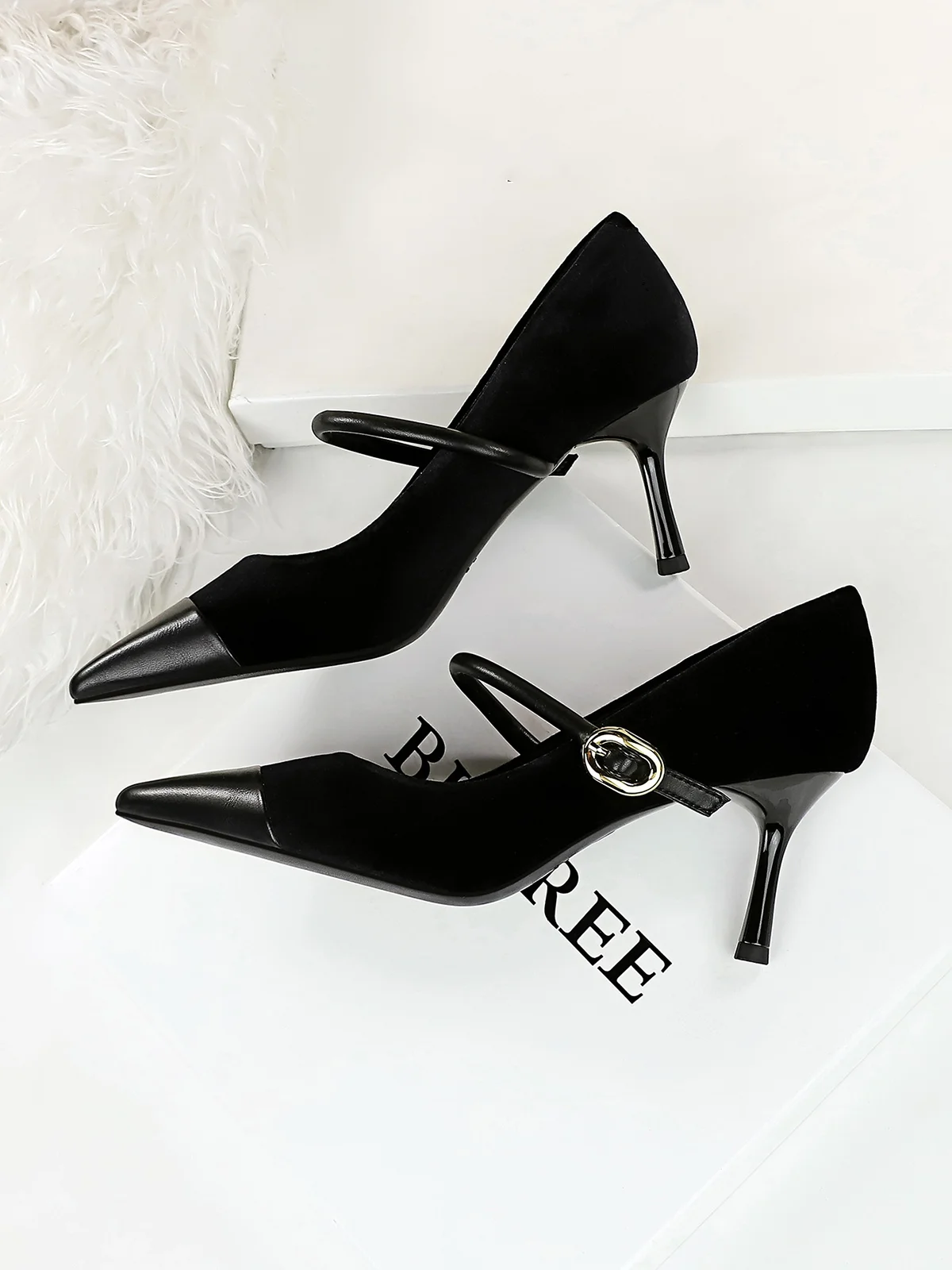 Elegant Samt Paneeliert Verstellbare Schnalle Mary Jane Pumps