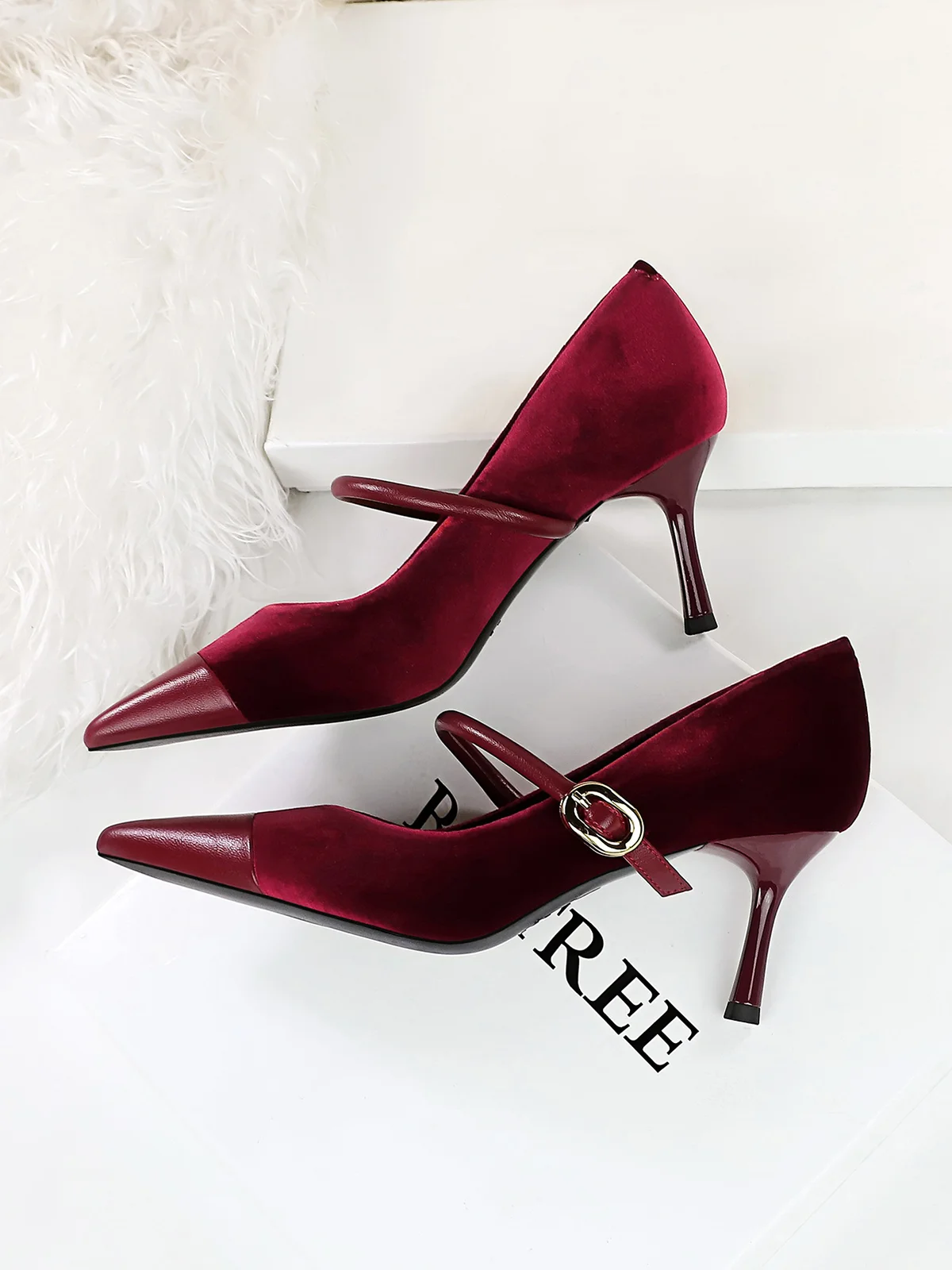 Elegant Samt Paneeliert Verstellbare Schnalle Mary Jane Pumps