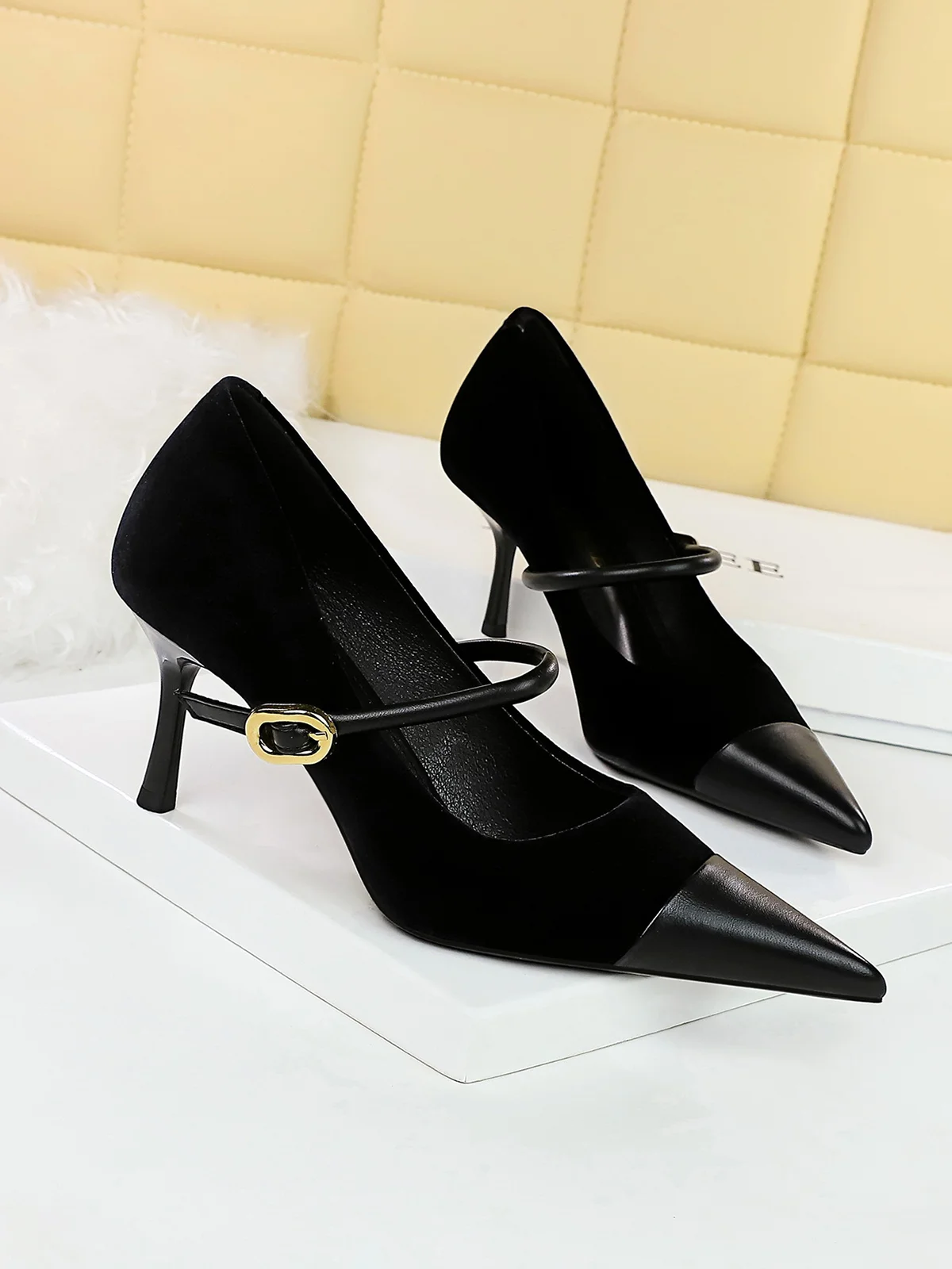 Elegant Samt Paneeliert Verstellbare Schnalle Mary Jane Pumps