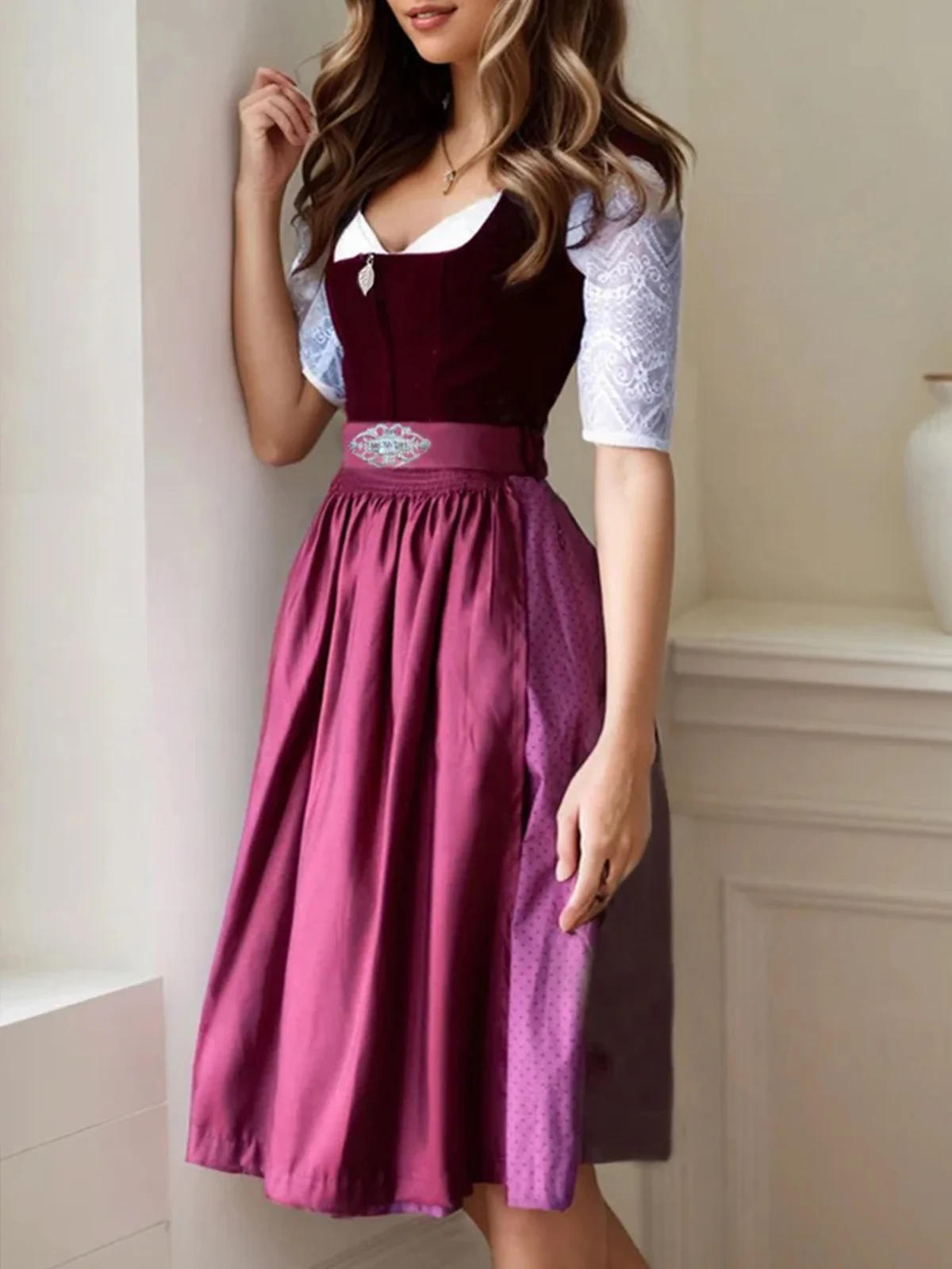 Dirndl Set 3-tlg. Elegant Polka Dots Samt mit halblangen Ärmeln und Eingriffstaschen