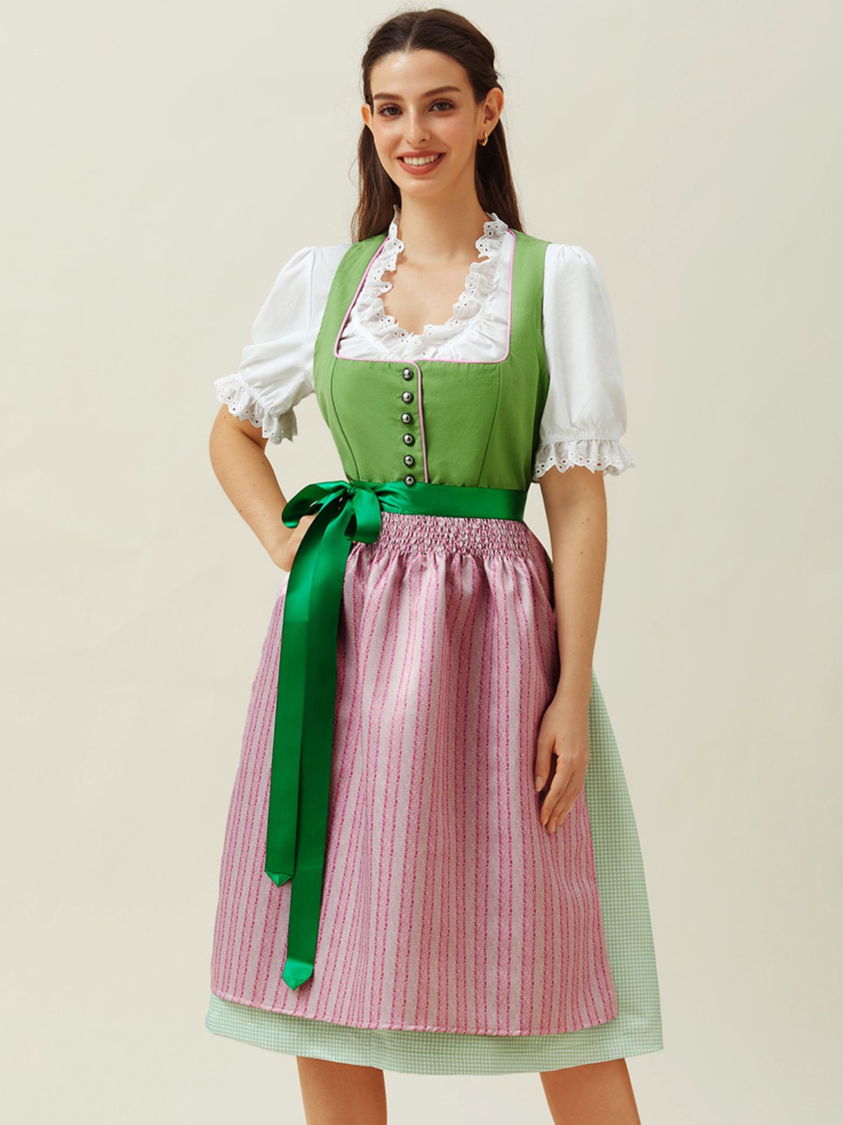 Elegant V-Ausschnitt Schnürung Farbblock Dirndl Kleid drei St.