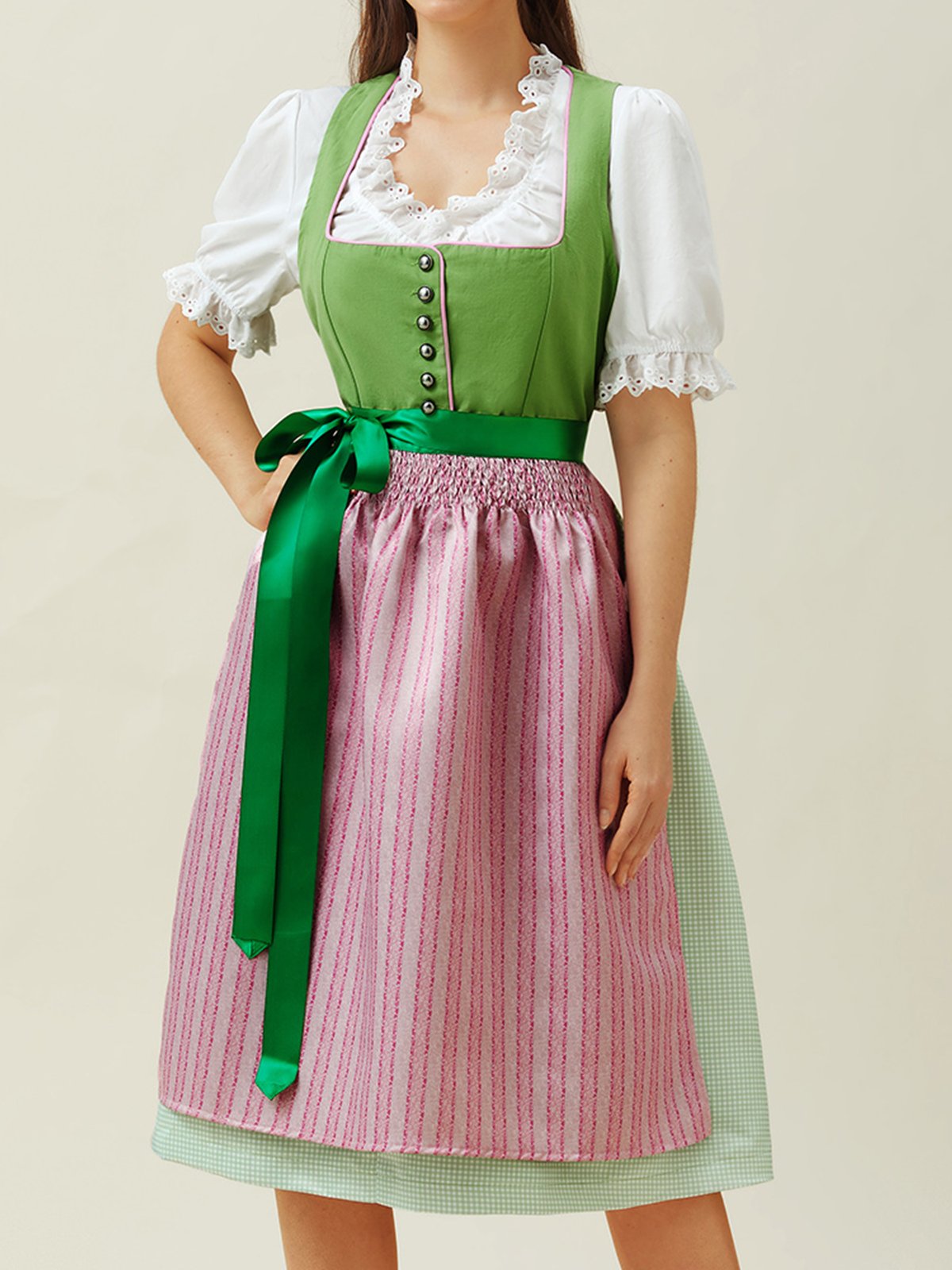 Elegant V-Ausschnitt Schnürung Farbblock Dirndl Kleid drei St.