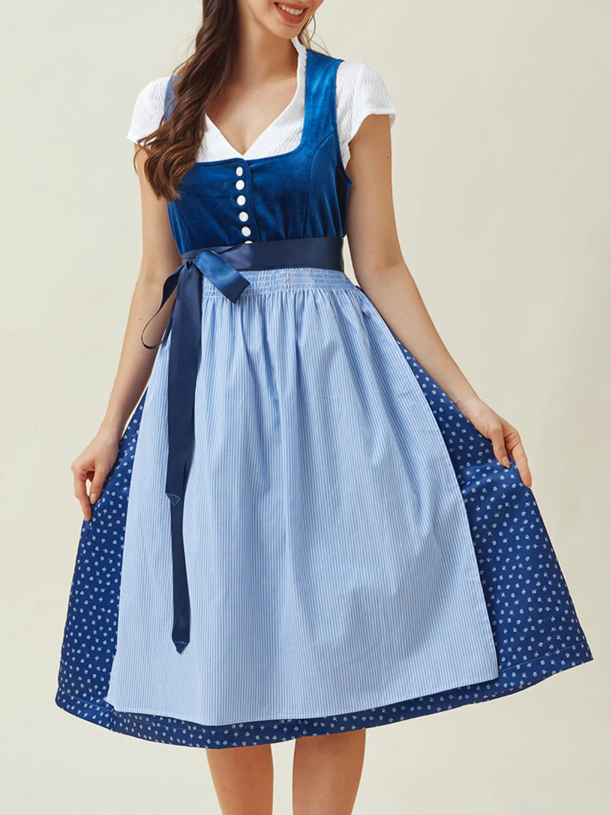 Elegant Samt V-Ausschnitt Kurzarm Spitze Dirndl Kleid drei St.