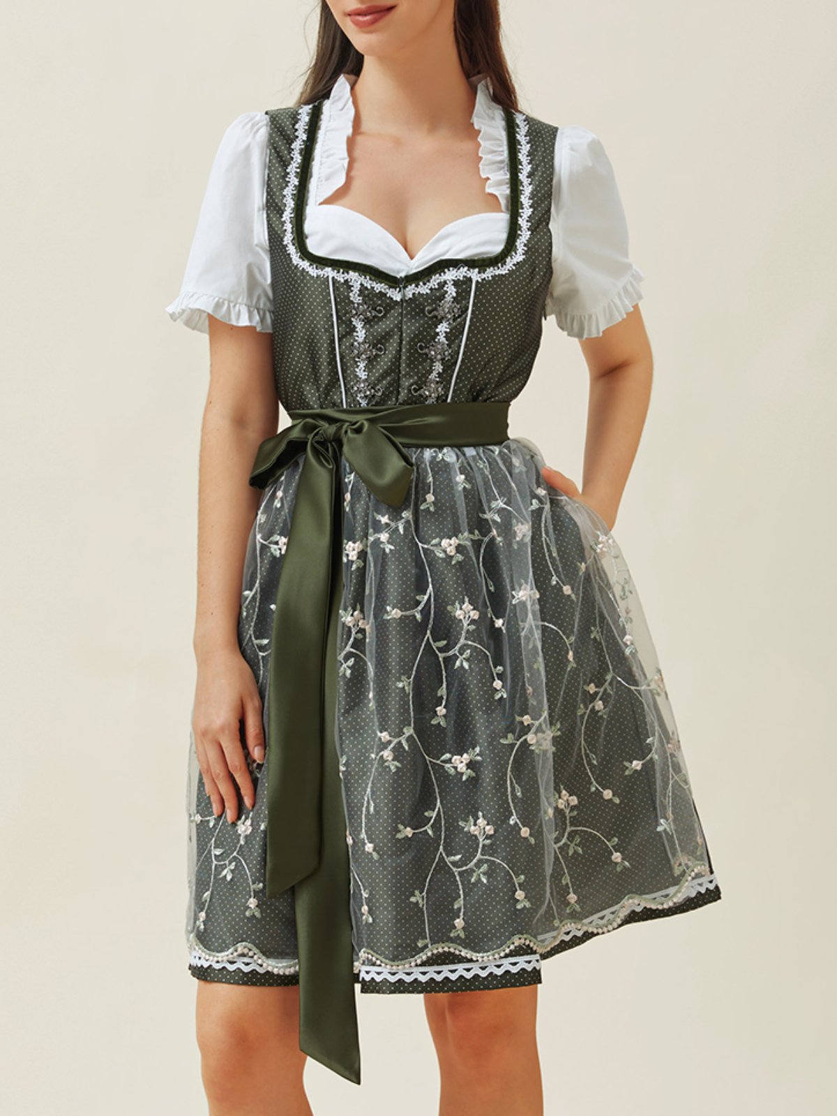 Elegant Spitze V-Ausschnitt Kurzarm Polka Dots Dirndl Kleid drei St.