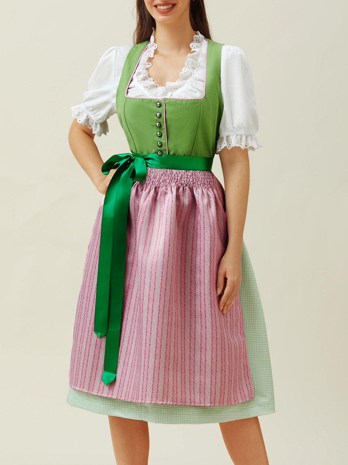 Elegant V-Ausschnitt Schnürung Farbblock Dirndl Kleid drei St.