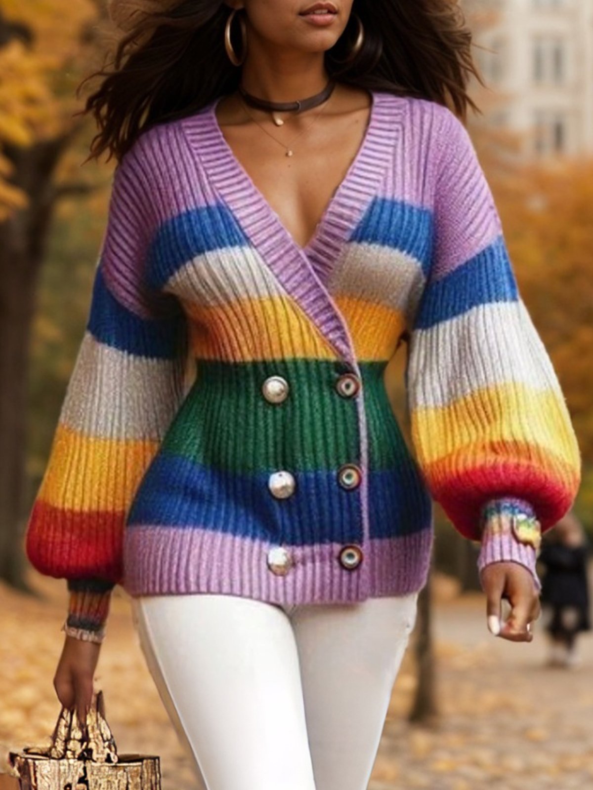 Lässig Ballon-Ärmel Geknöpft  Farbblock Gestreift Strickjacke Pullover