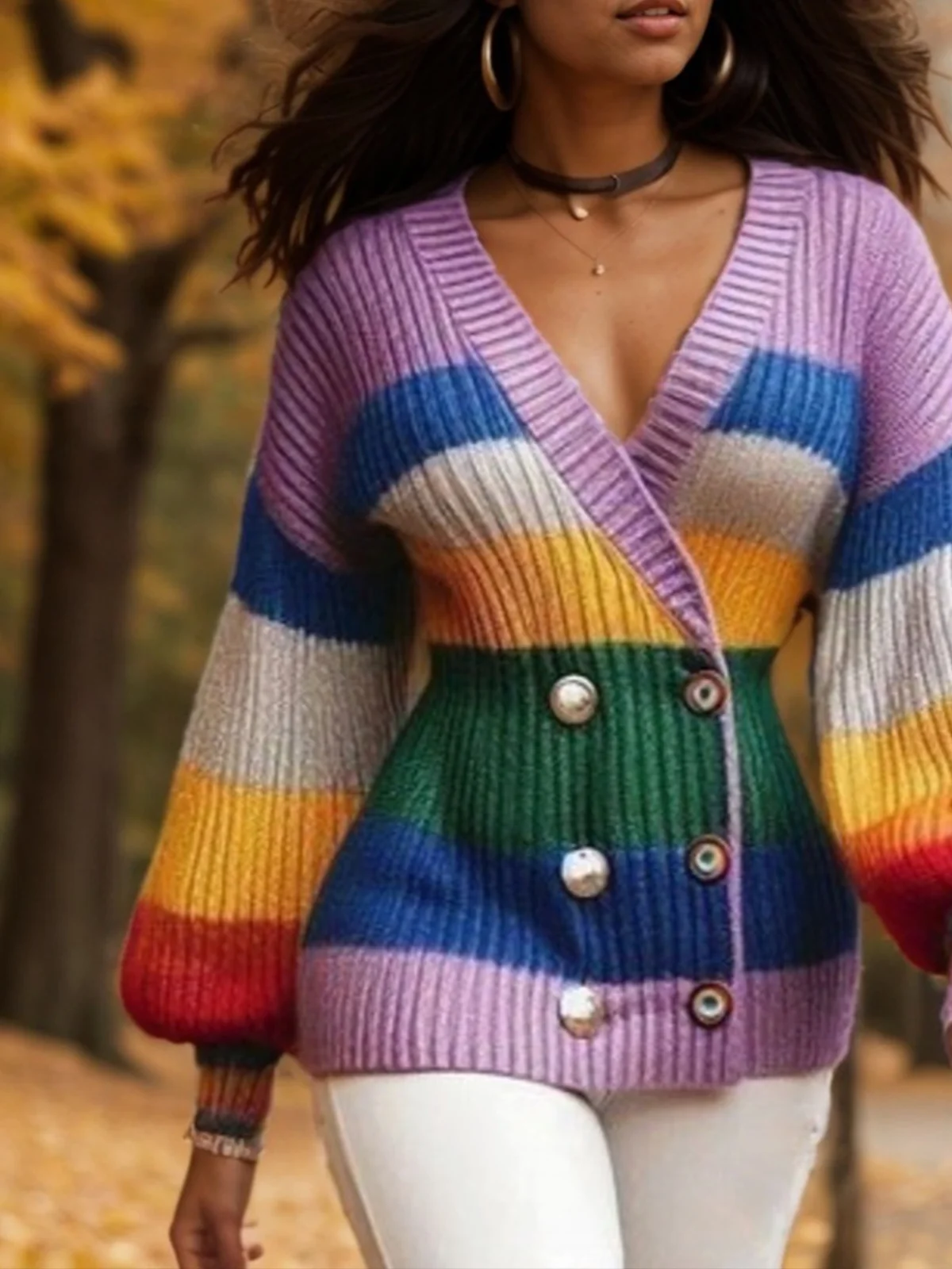 Lässig Ballon-Ärmel Geknöpft  Farbblock Gestreift Strickjacke Pullover