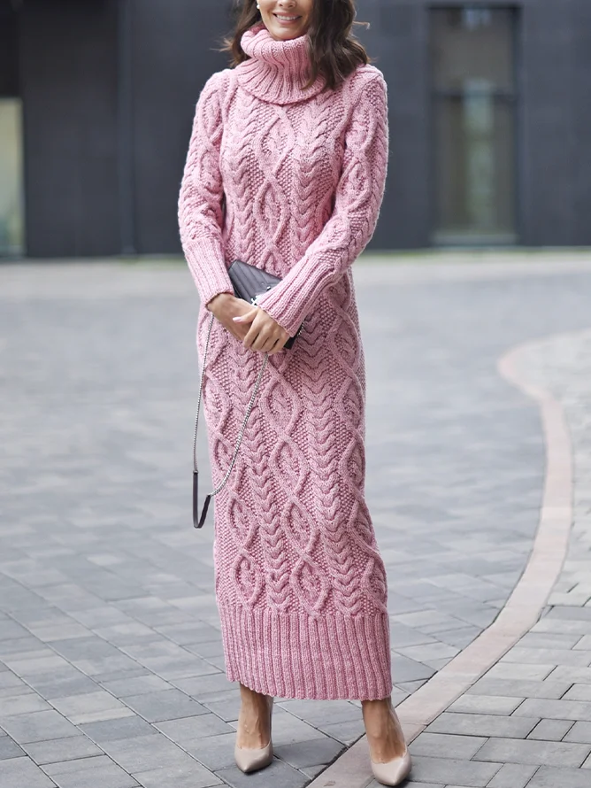 Rollkragen Lässig Unifarben Normale Ärmel Strickkleid