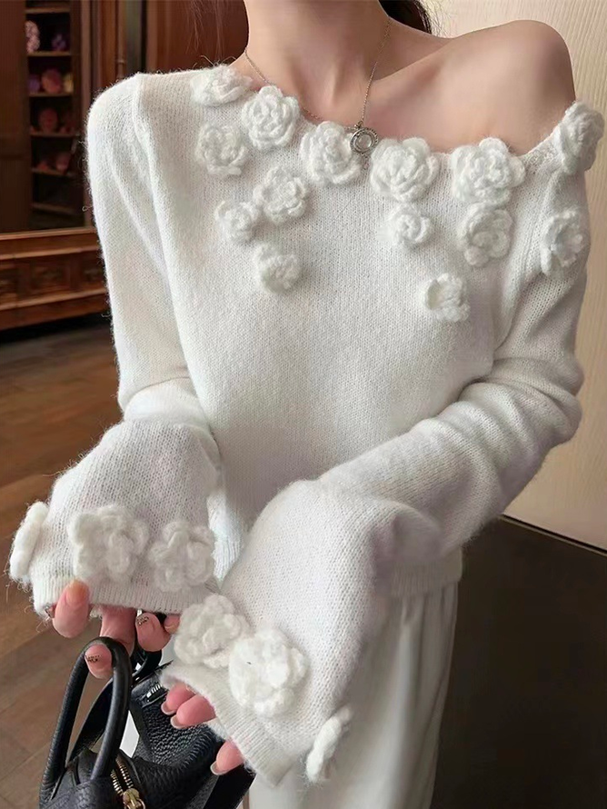 Geblümt 3D Blumen Rundhals Elegant Pullover