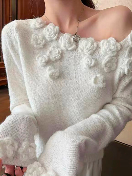 Geblümt 3D Blumen Rundhals Elegant Pullover