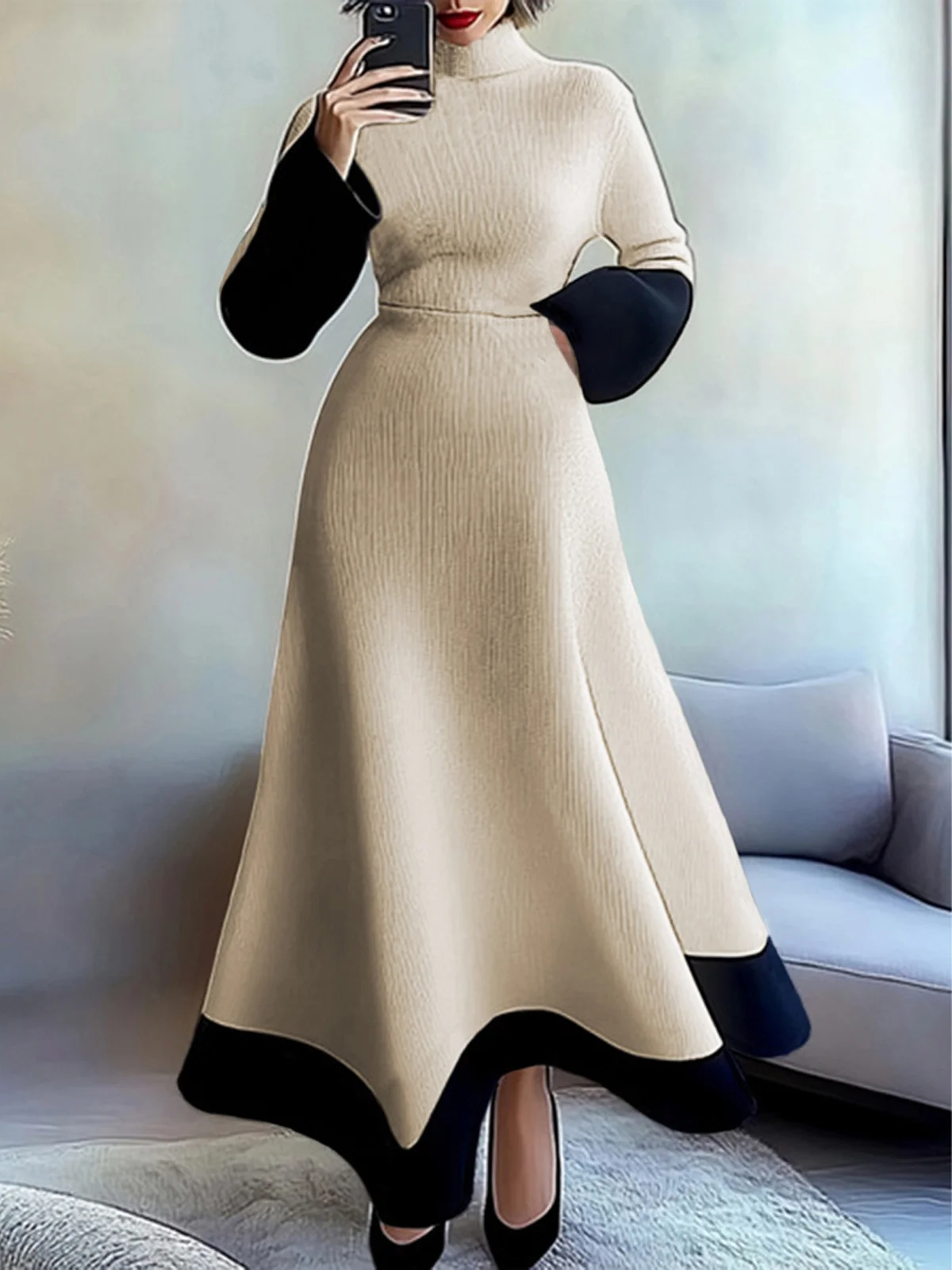 Elegant Farbblock Langarm Regelmäßige Passform Maxikleid Strickkleid