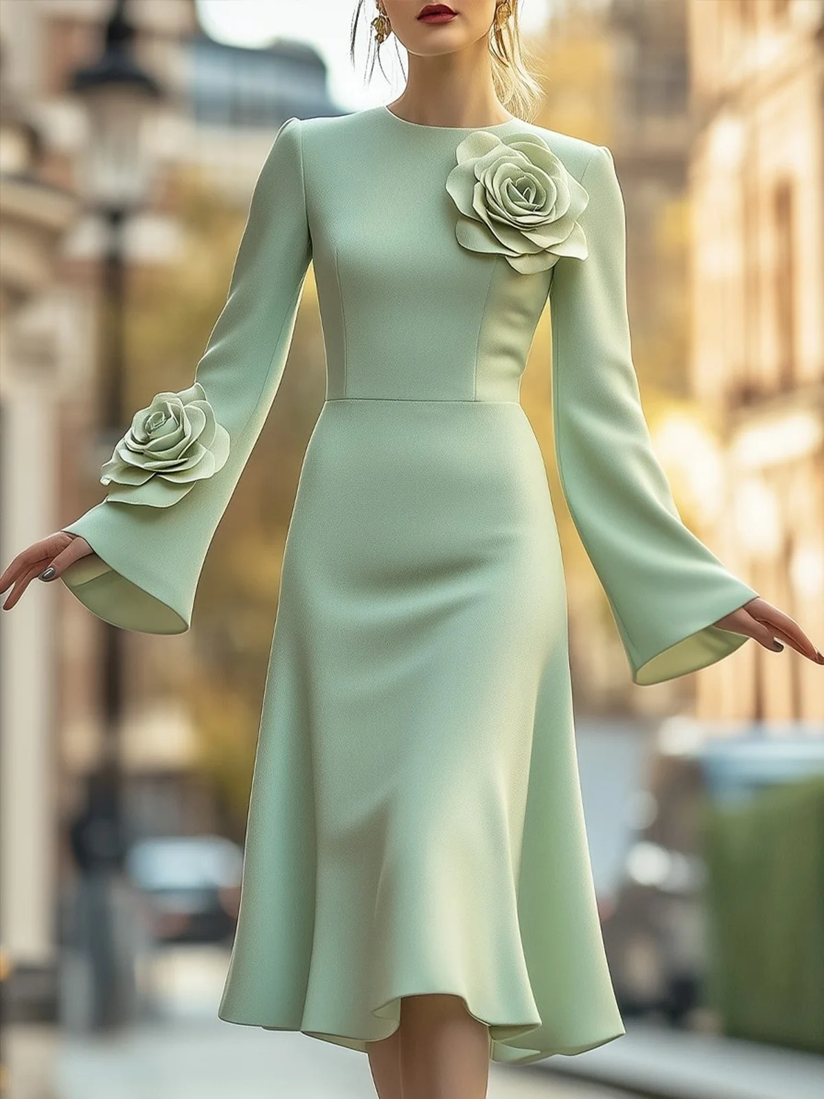 Elegant Unifarben Bell-Ärmel 3D Blumen Rundhals Knielänge Kleid