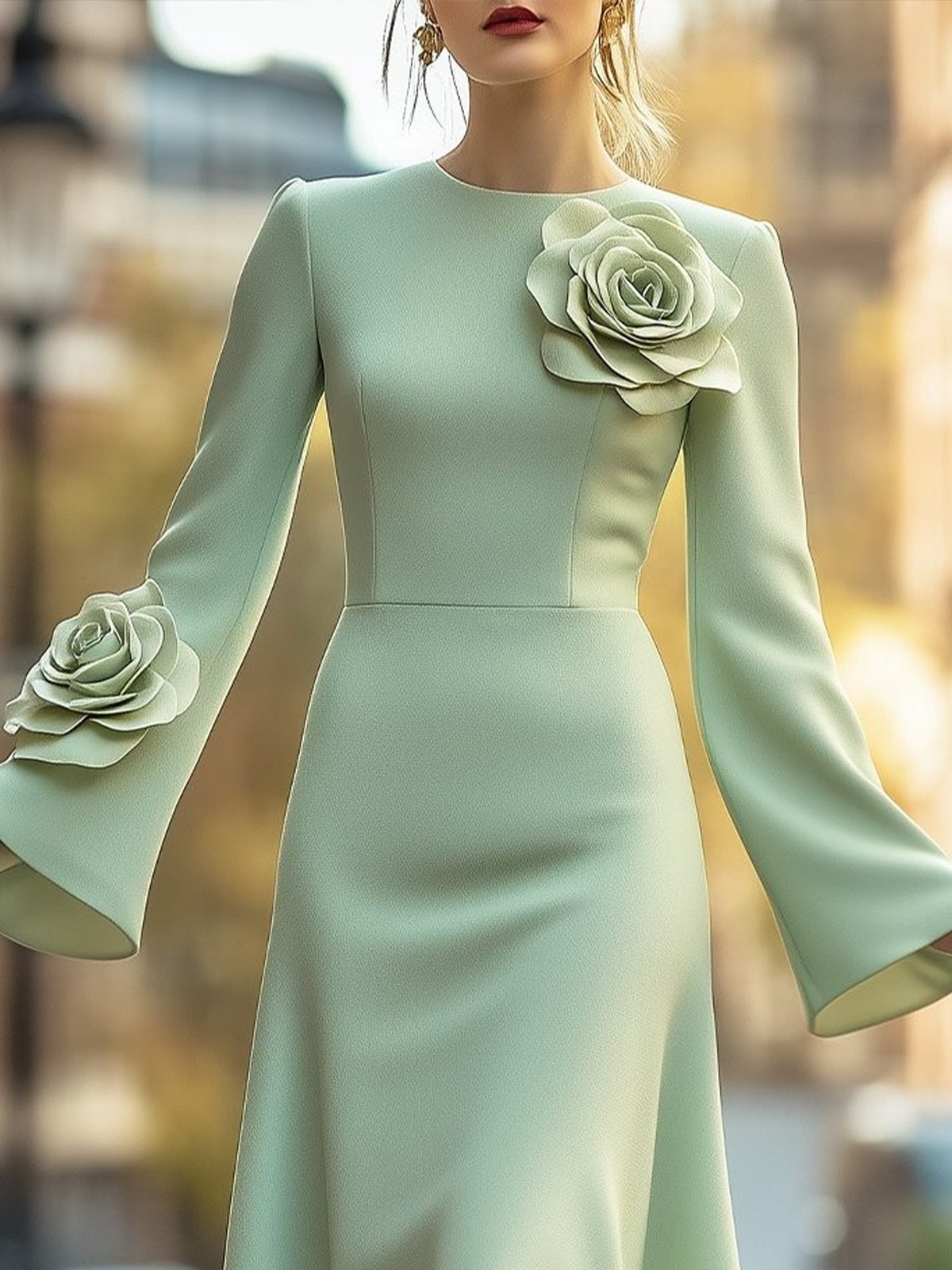 Elegant Unifarben Bell-Ärmel 3D Blumen Rundhals Knielänge Kleid