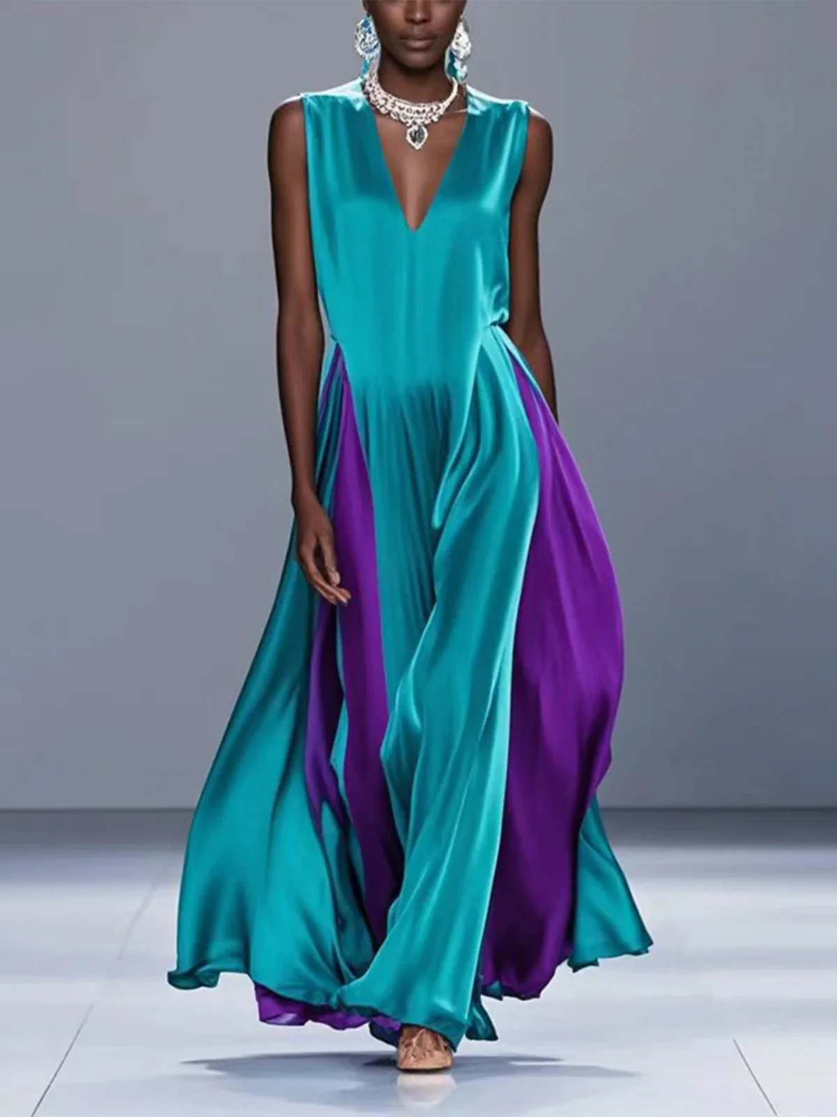 Elegant Farbblock Locker V-Ausschnitt Maxikleid
