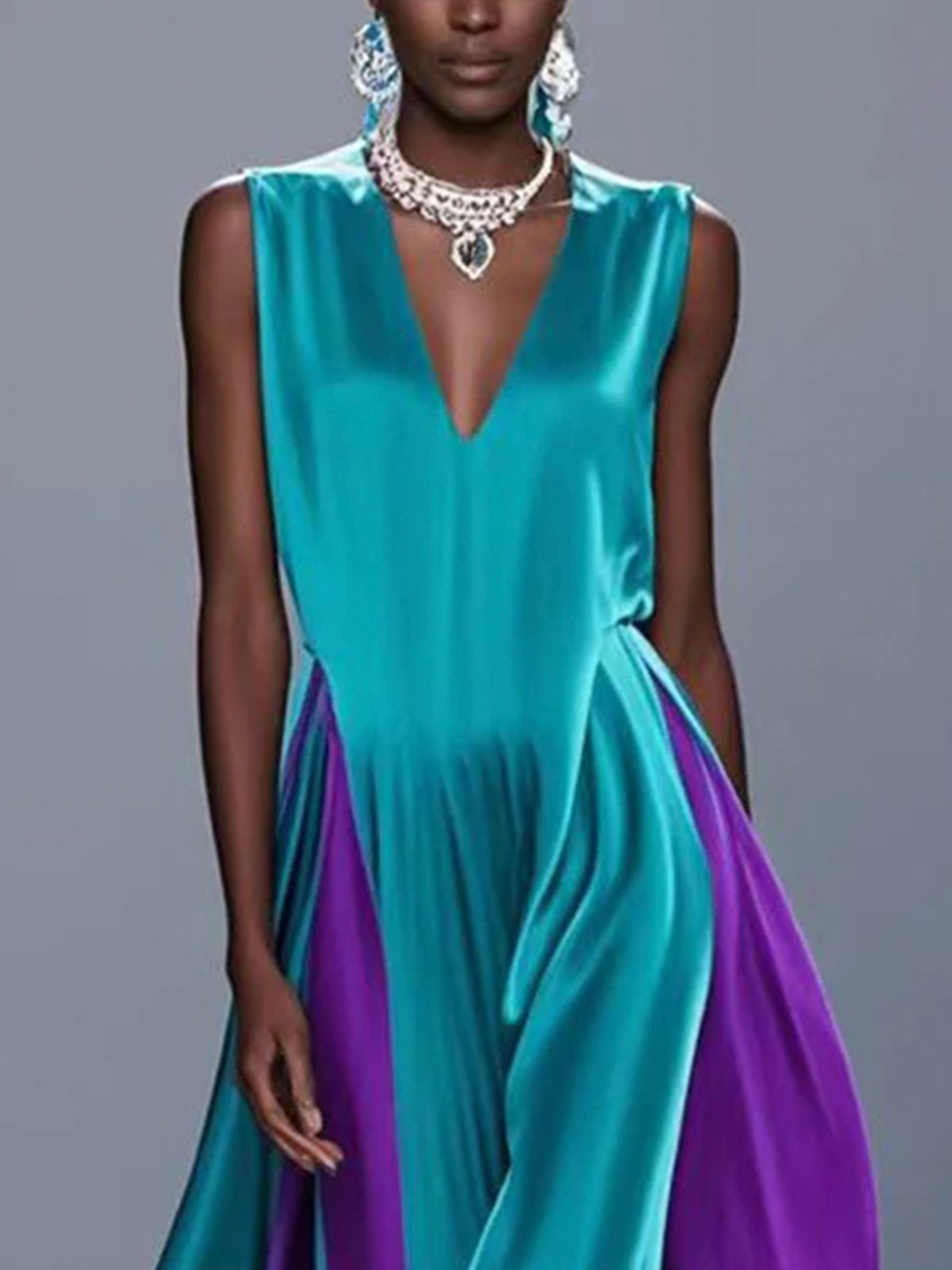 Elegant Farbblock Locker V-Ausschnitt Maxikleid