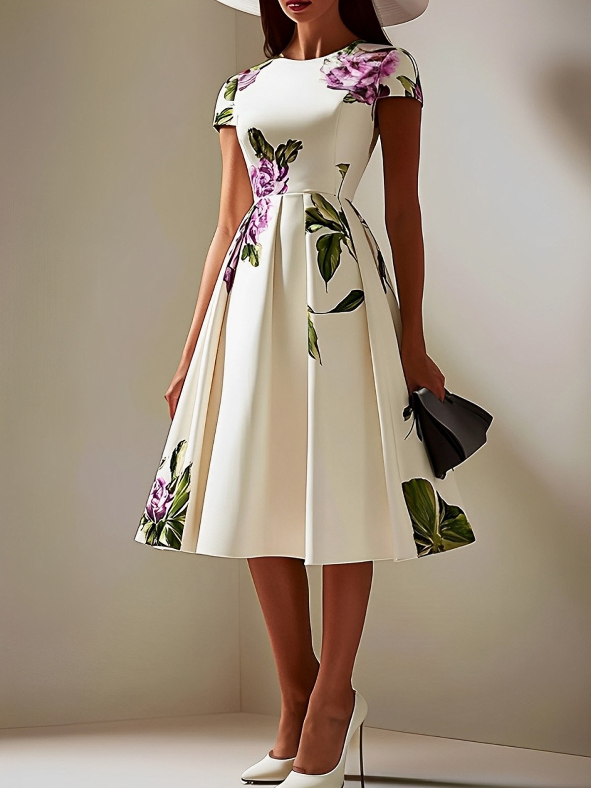 Elegant Geblümt Print Rundhals Midikleid