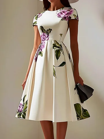 Elegant Geblümt Print Rundhals Midikleid