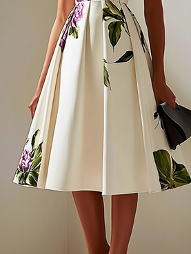 Elegant Geblümt Print Rundhals Midikleid