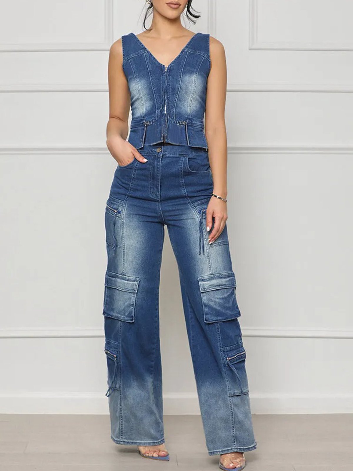 Urban Reißverschluss Unifarben V-Ausschnitt Denim Tanktop