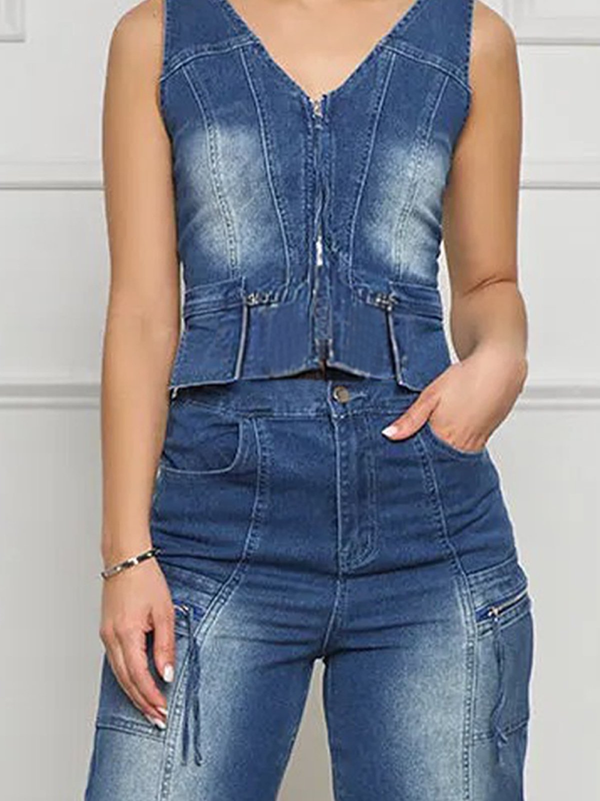 Urban Reißverschluss Unifarben V-Ausschnitt Denim Tanktop