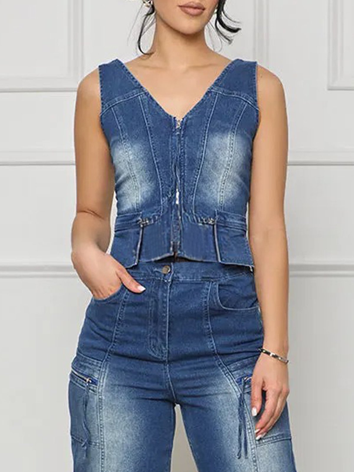 Urban Reißverschluss Unifarben V-Ausschnitt Denim Tanktop