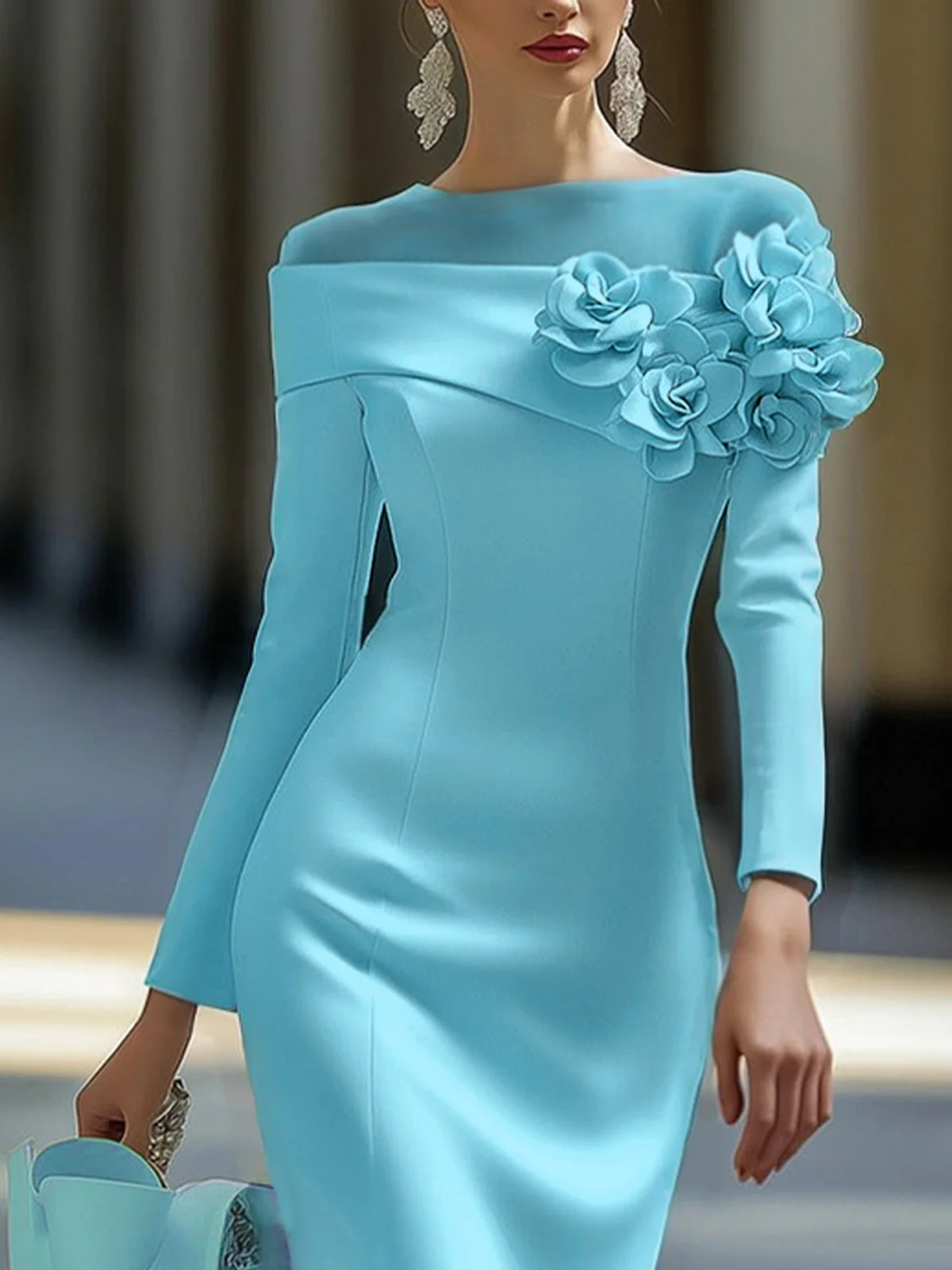 Elegant 3D Blumen Rundhals Knielänge Kleid