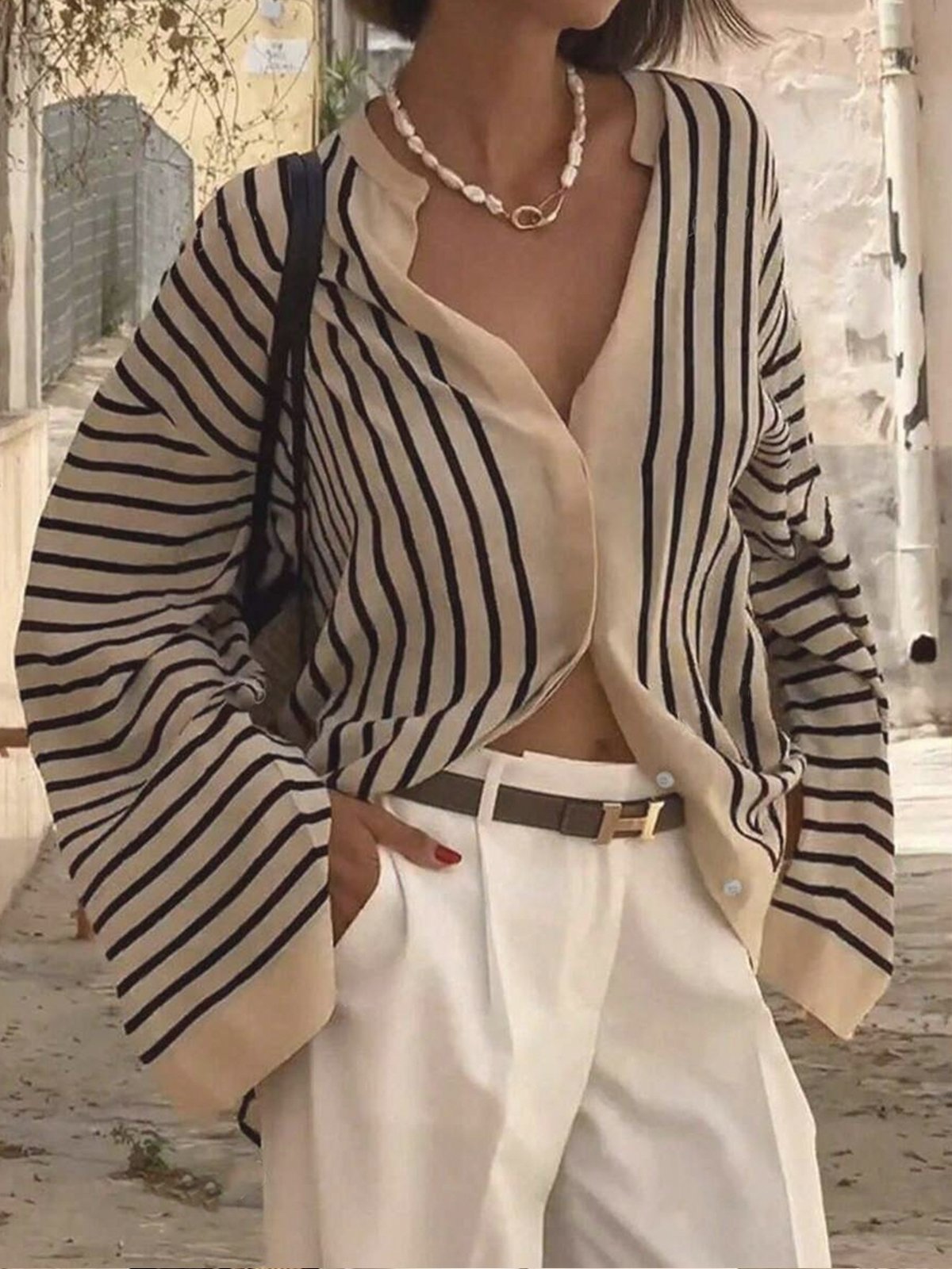 Urban Gestreift Print Bell-Ärmel Bluse