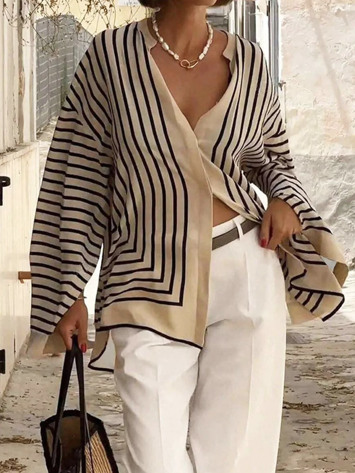 Urban Gestreift Print Bell-Ärmel Bluse