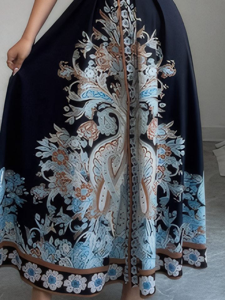 Urlaub Geblümt Rüschenärmel Hemdkragen Maxikleid mit Gürtel
