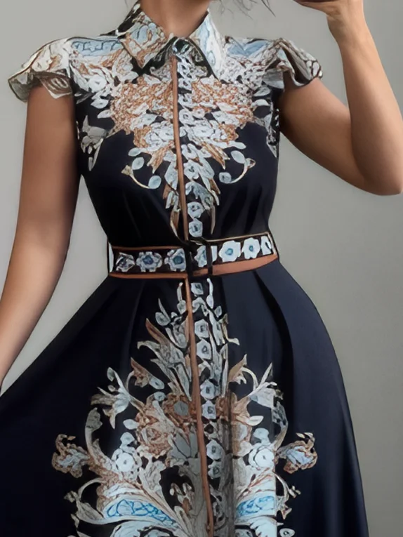 Urlaub Geblümt Rüschenärmel Hemdkragen Maxikleid mit Gürtel
