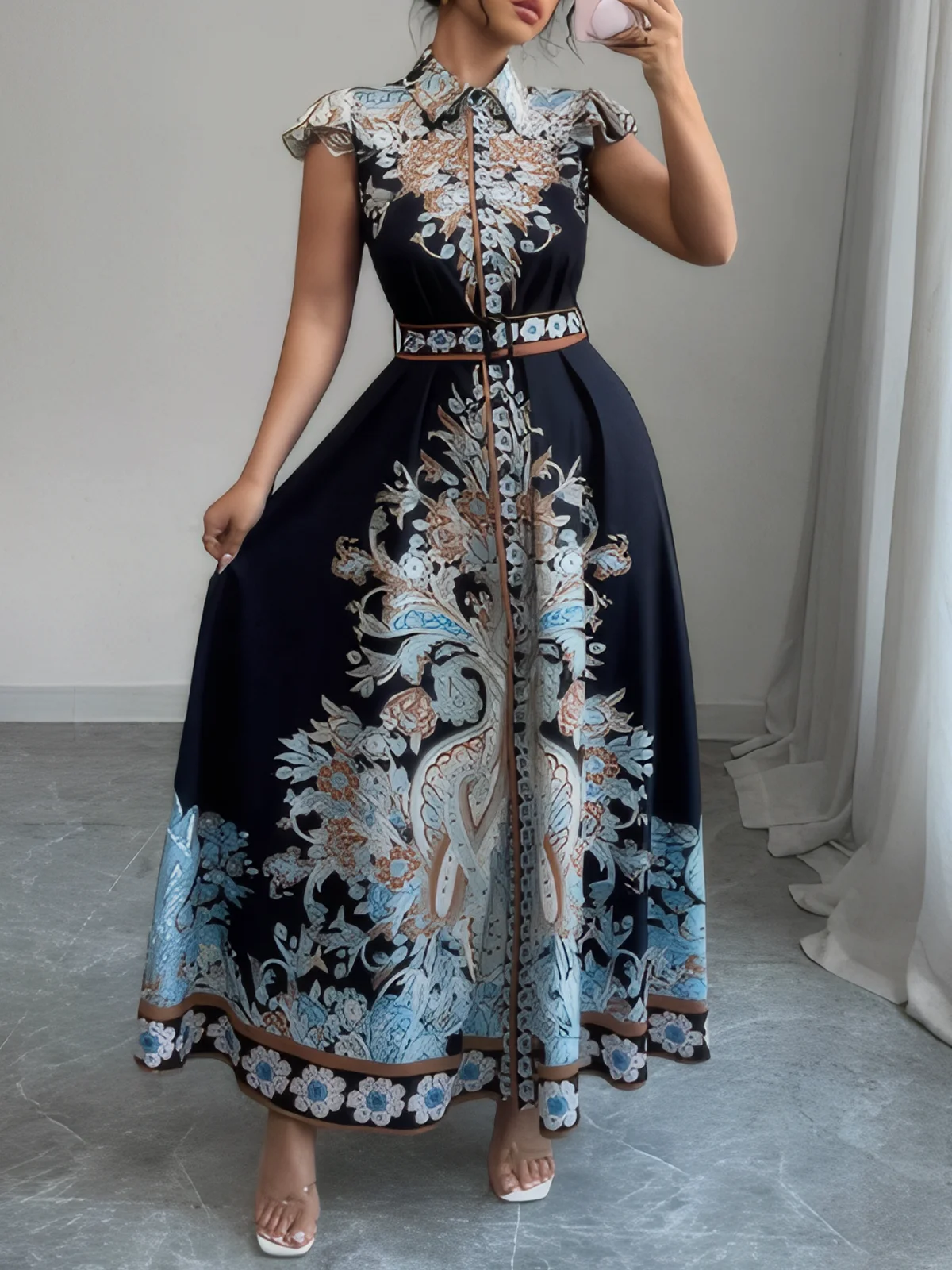 Urlaub Geblümt Rüschenärmel Hemdkragen Maxikleid mit Gürtel