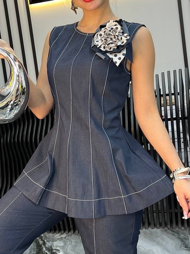 Urban Unifarben Reißverschluss Denim Oberteile Mit Brosche