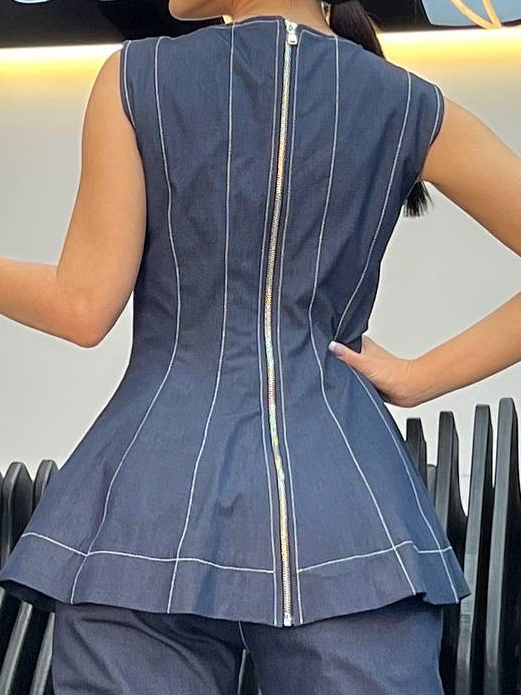 Urban Unifarben Reißverschluss Denim Oberteile Mit Brosche