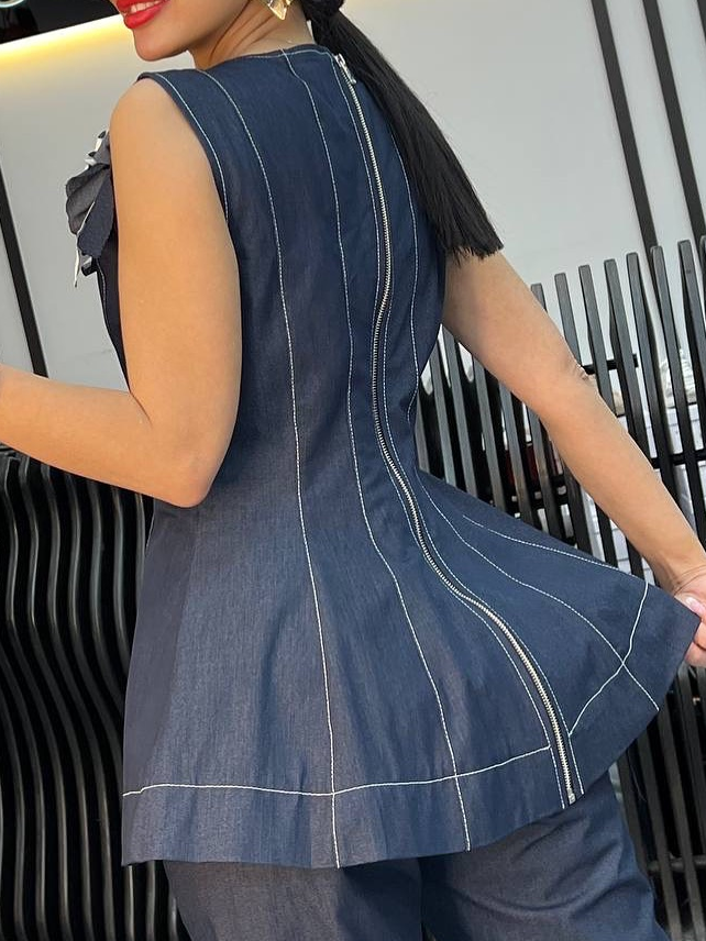 Urban Unifarben Reißverschluss Denim Oberteile Mit Brosche