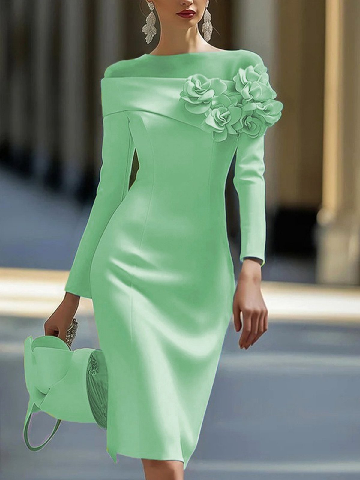 Elegant 3D Blumen Rundhals Knielänge Kleid