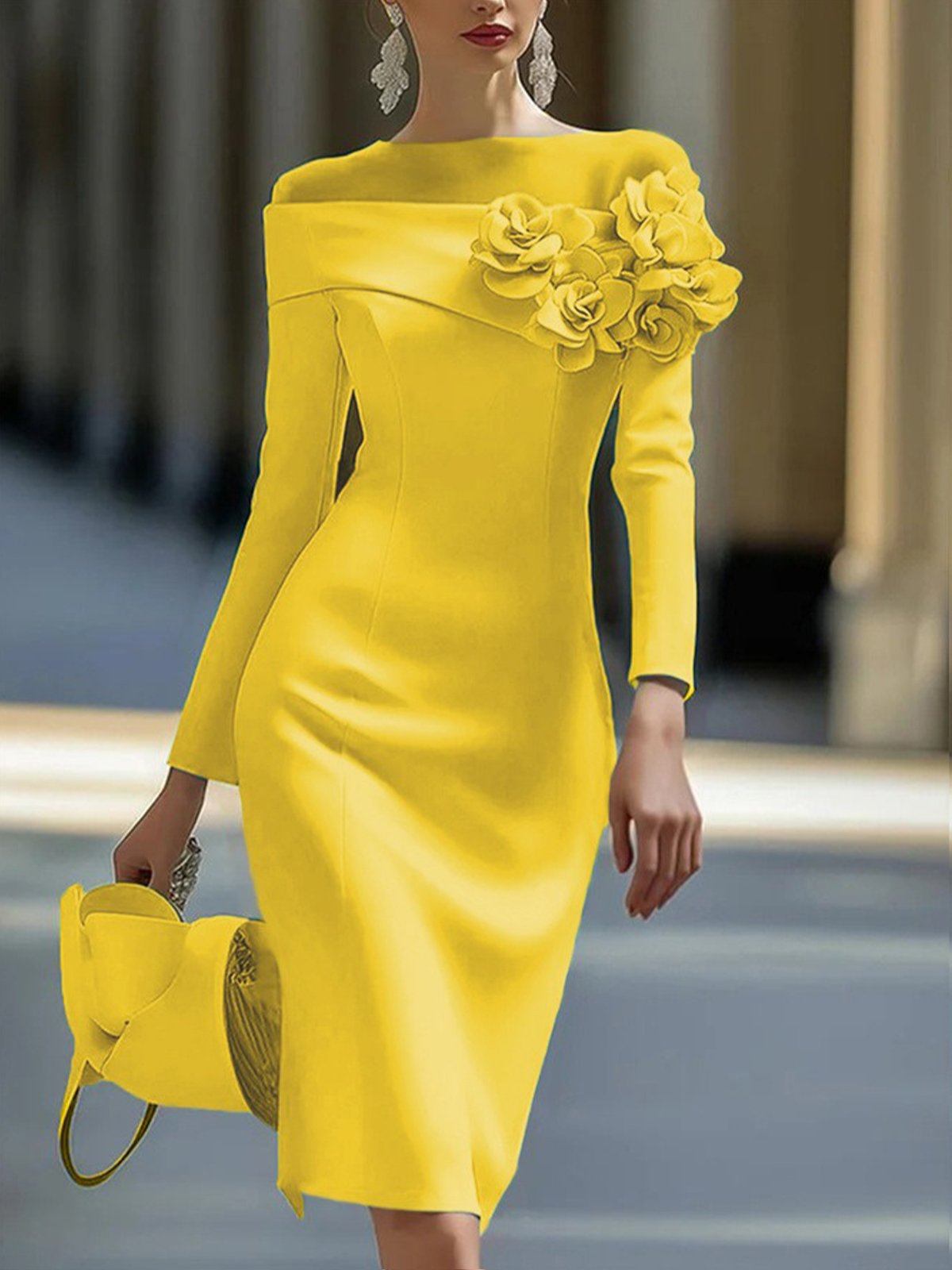 Elegant 3D Blumen Rundhals Knielänge Kleid