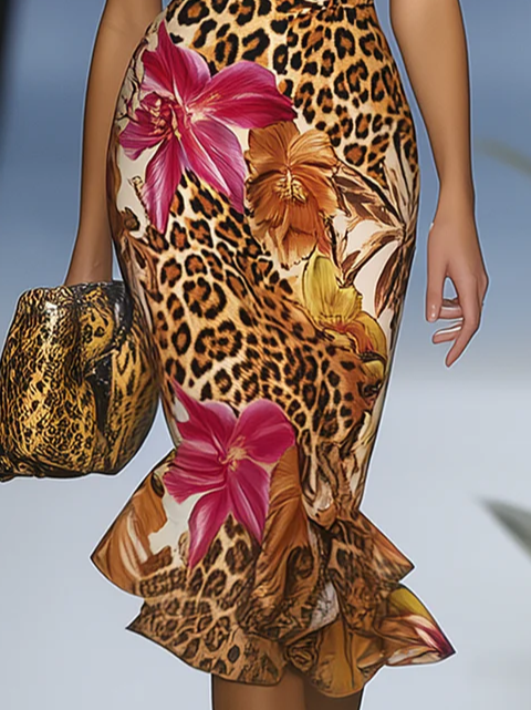 Urban Geblümt Ärmel mit einer Schulter Print Midikleid