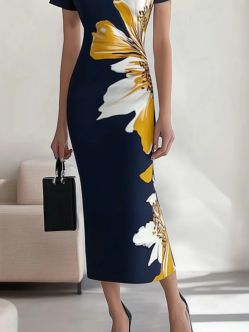 Urban Geblümt Print V-Ausschnitt Midikleid