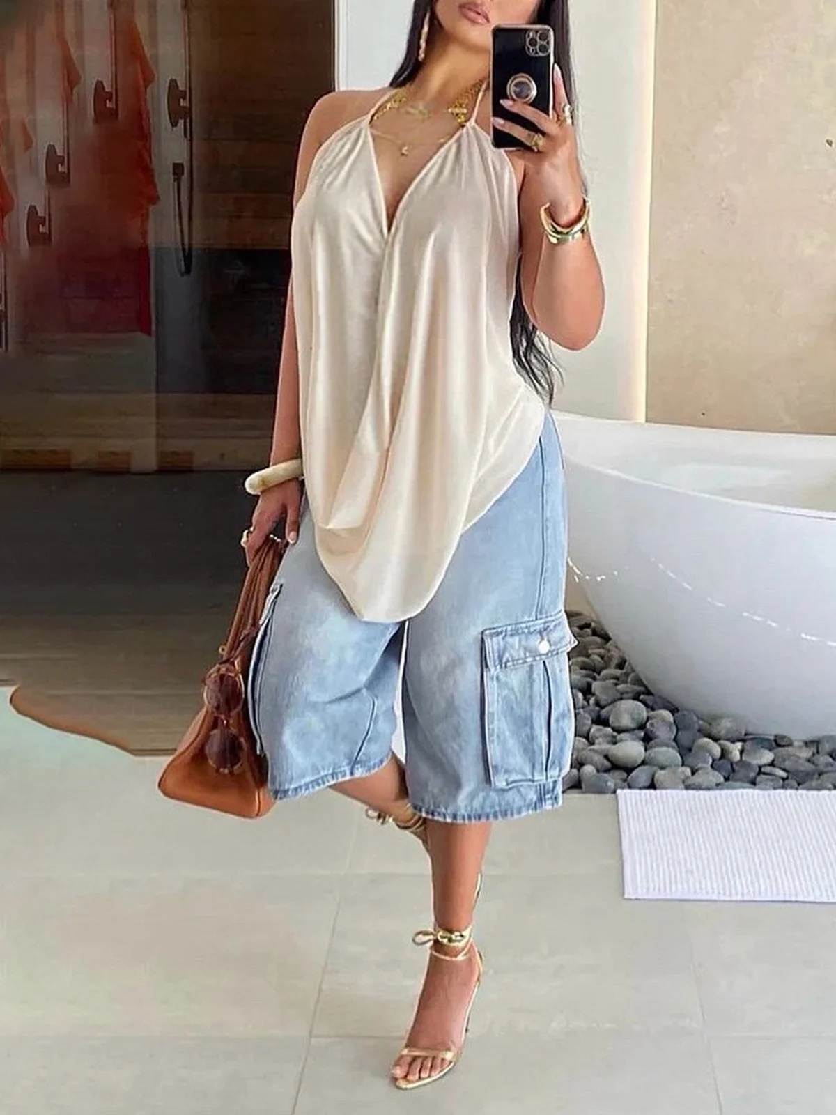 Weit Unifarben Lässig Denim Jeans