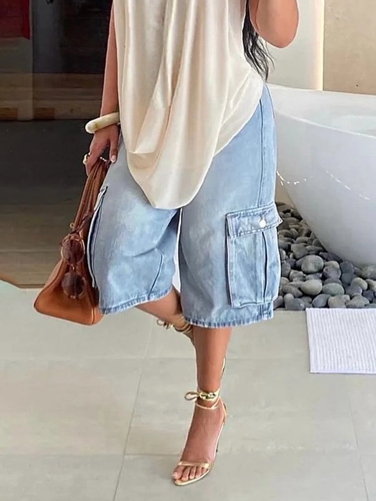 Weit Unifarben Lässig Denim Jeans