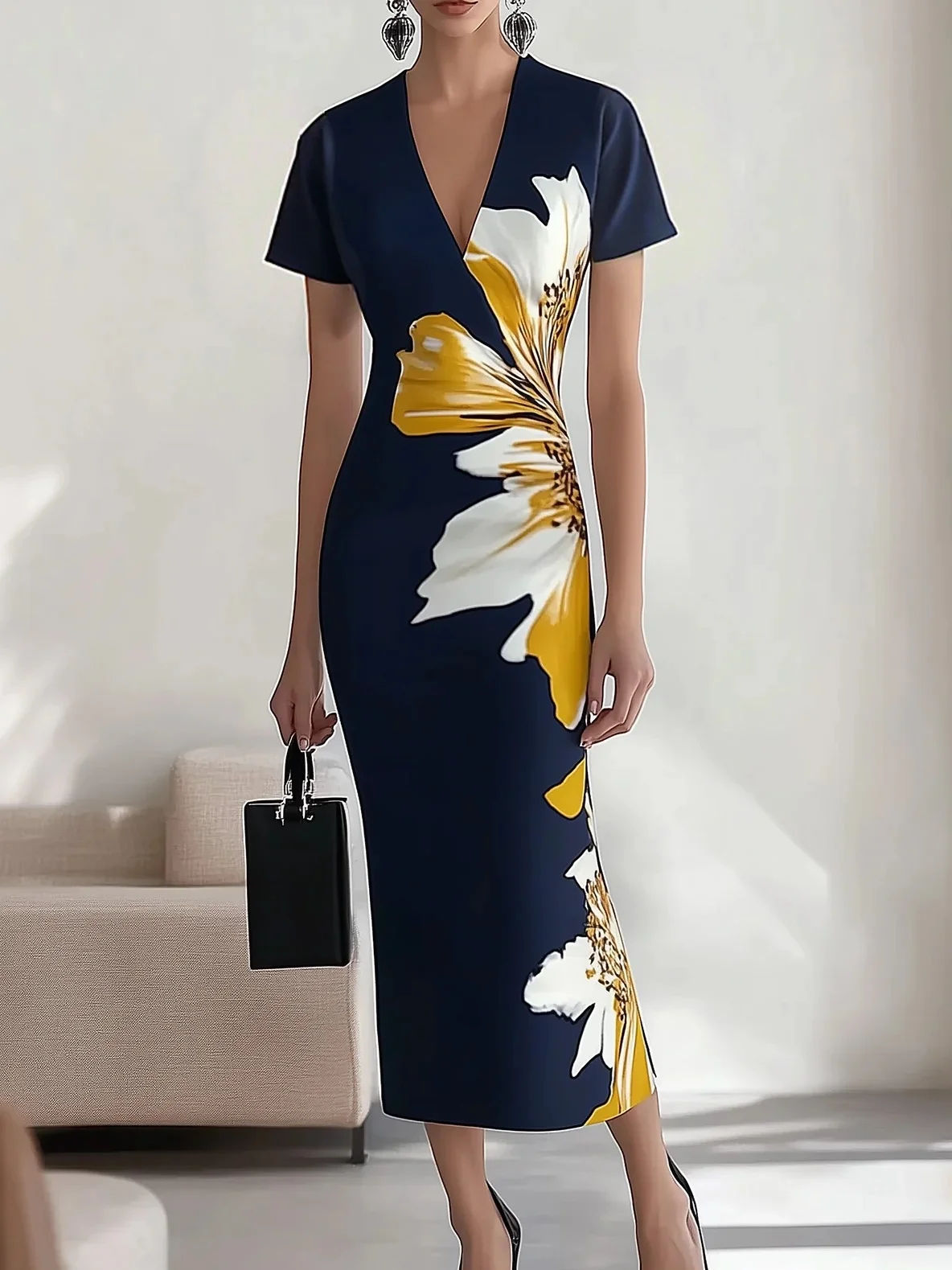 Urban Geblümt Print V-Ausschnitt Midikleid