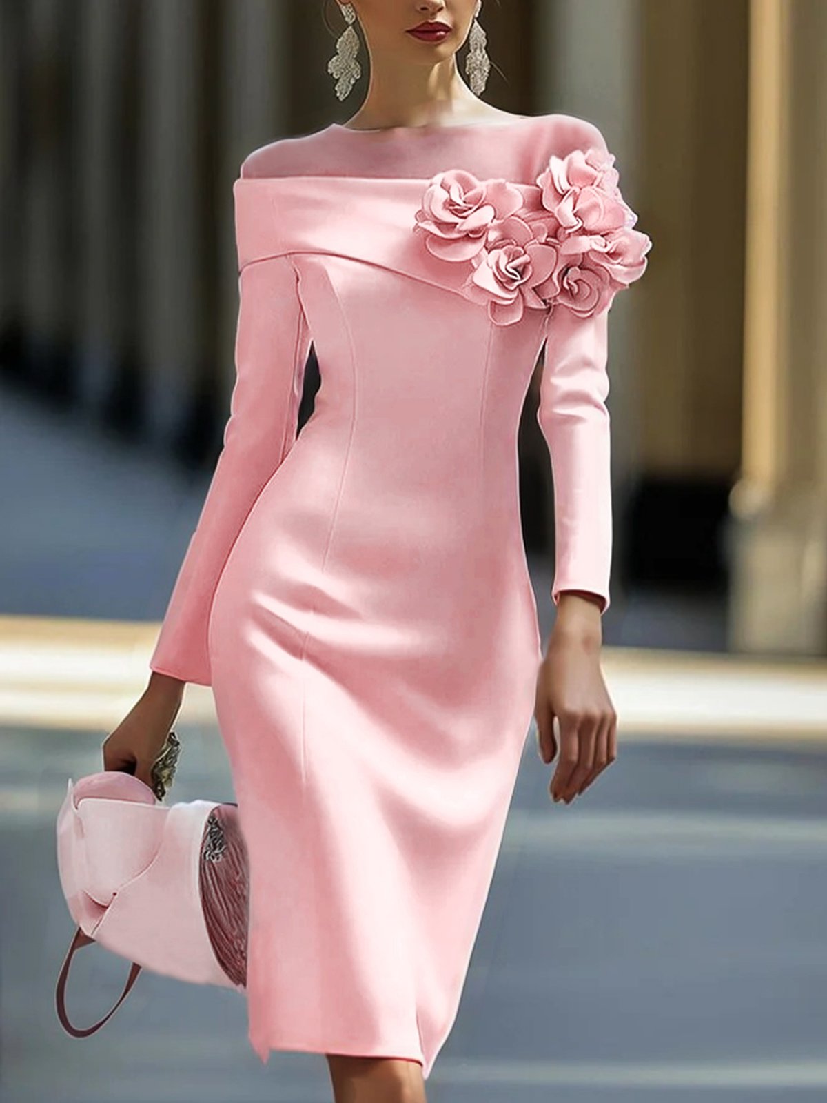 Elegant 3D Blumen Rundhals Knielänge Kleid