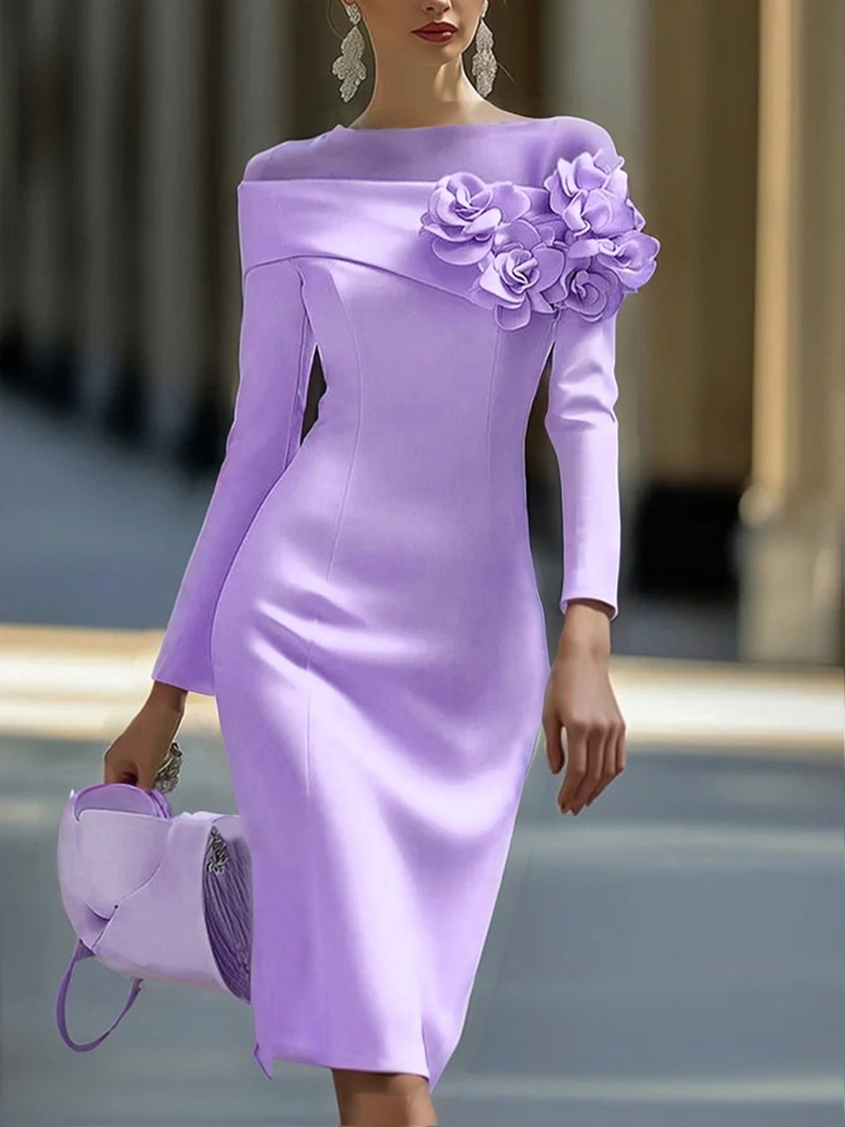Elegant 3D Blumen Rundhals Knielänge Kleid